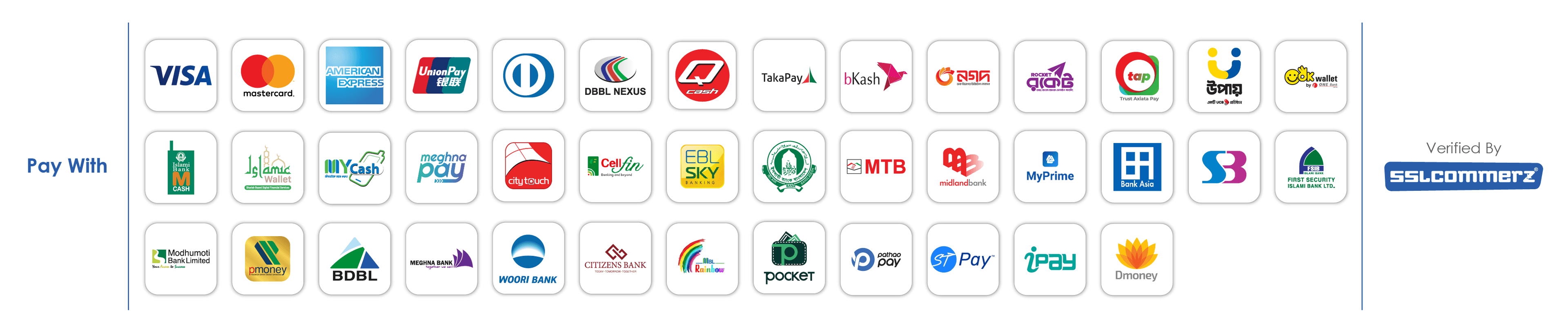 Pay with bKash, Nagad, Rocket, Visa, Mastercard, and more via SSLCommerz